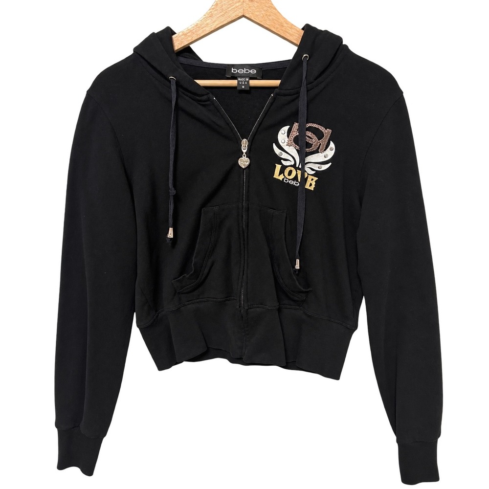 Bebe Zip Up Hoodie Womens M Black Pre-owned Y2K Rhinestone Love Graphic